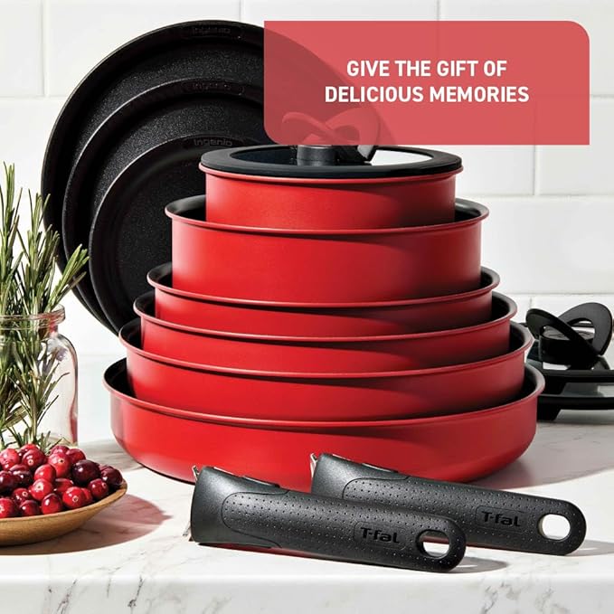 T-fal Ingenio Nonstick Cookware Set Induction Oven Broiler Safe 500F Cookware Pots and Pans RV Camping Oven Broil Dishwasher Safe Detachable Handle Red (Pack of 20)