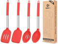 Pack of 4 Silicone Cooking Utensils Set Non Stick Large Solid Spatulas Heat Resistant Slotted Spoons Ideal BPA Free Kitchen Turners for Frying MixingServingDrainingTurningStirring (RED)