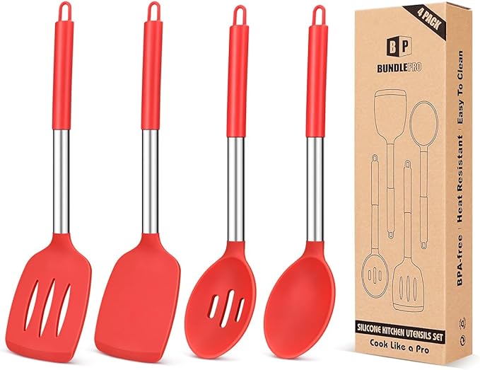 Pack of 4 Silicone Cooking Utensils Set Non Stick Large Solid Spatulas Heat Resistant Slotted Spoons Ideal BPA Free Kitchen Turners for Frying MixingServingDrainingTurningStirring (RED)