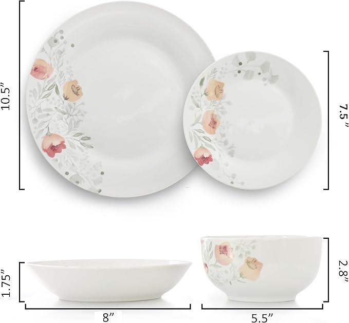Elama Poppy 16 Piece Porcelain Double Bowl Dinnerware Set Service for 4