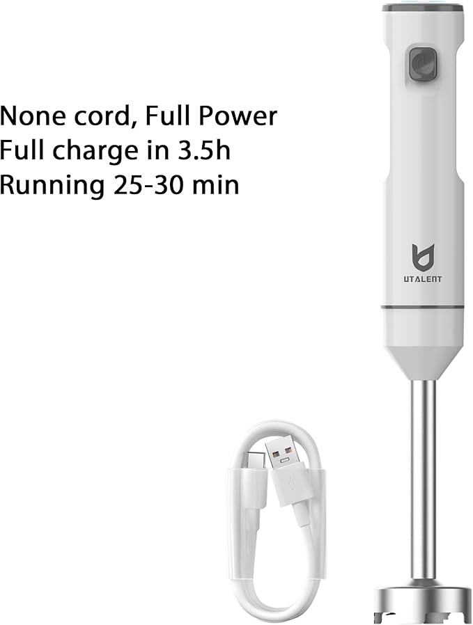 Cordless Hand Blender UTALENT Variable Speed Immersion Blender handheld Rechargeable with USB-C Charging Cable Egg Whisk for Smoothies Milkshakes Hummus and Soups – White