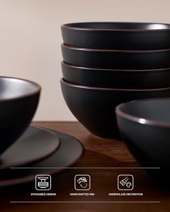 Famiware Venus Stoneware Dinnerware Set with Pasta Bowls for 4 (16 Pieces) Modern Plates and Double Bowls Matte Black - Microwave &amp Dishwasher Safe Dishes with Trim for Everyday &amp Formal Use
