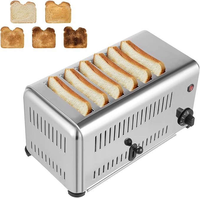 Generic Stainless Steel 6 Slices Toaster 1680W Toaster with Extra Wide Slots Commercial Toaster with Removable Tray Toast Boost Breakfast Bread Making Tool 16.1*8.7*8.5in Silver JJFT2HI3