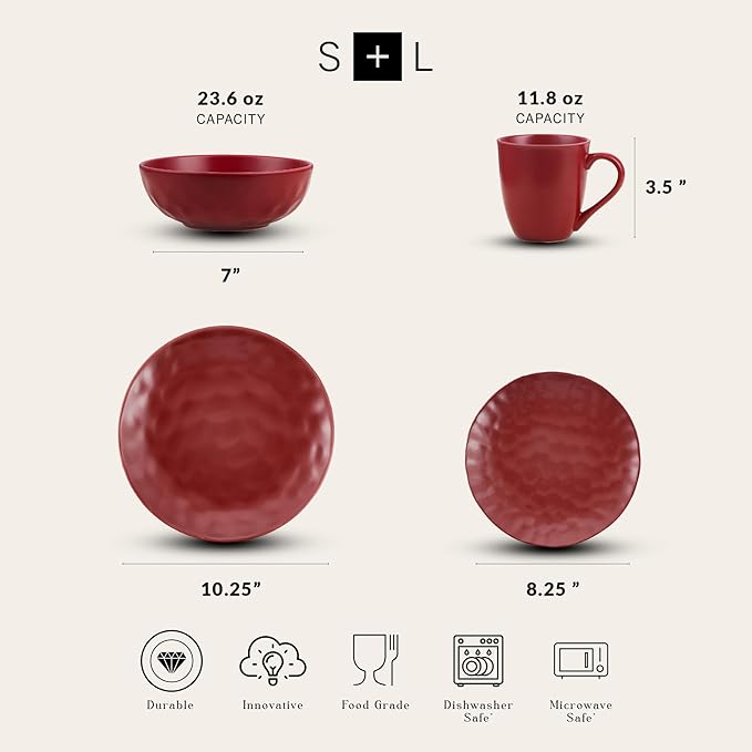 Stone Lain Sam Porcelain16 Piece Dinnerware Set Home Kitchen Dish Set with Dinner Plates Salad Plates Bowls &amp Mugs - Service for 4 Red