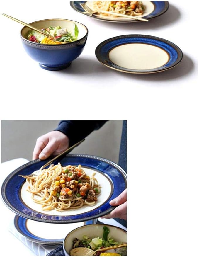 4 Pieces Vintage Blue Porcelain Dinner Set Ceramic Plate Bowl Cup Service for 1 Person