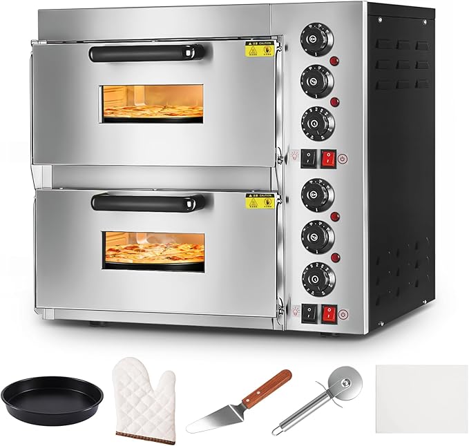 Double Deck Commercial Pizza Oven 16 Inch Countertop Electric Pizza Oven with Pizza Stone Max Temperature Up to 662°F Stainless Steel Fast Baking Pizza Maker 2800W Energy Efficient Easy to Clean