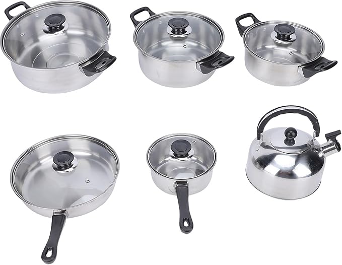 Cookware Set Stainless Steel Kitchen Pots and Pans Set with Tea Kettle Glass Lids for Cooking Frying Boiling Stewing