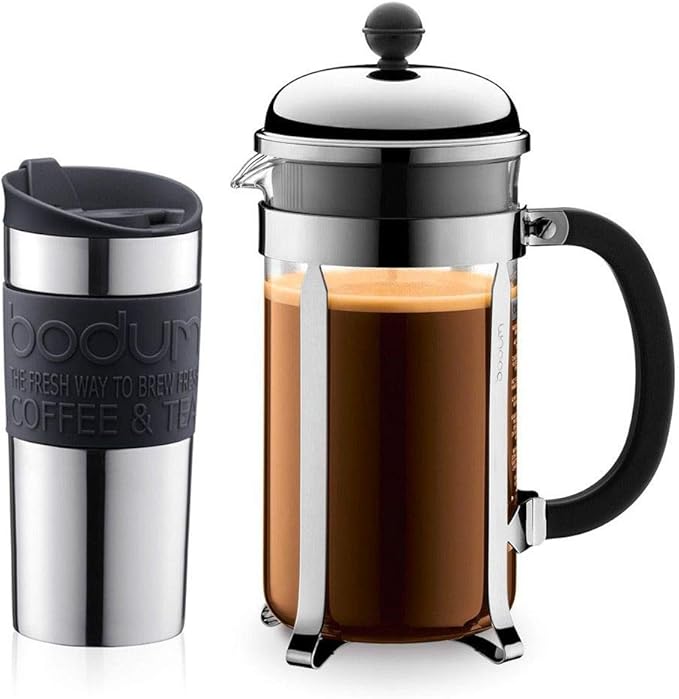 Bodum K11068-01 8 Cup Small Chambord Set Coffee Maker and Vacuum Travel Mug 34 oz Black