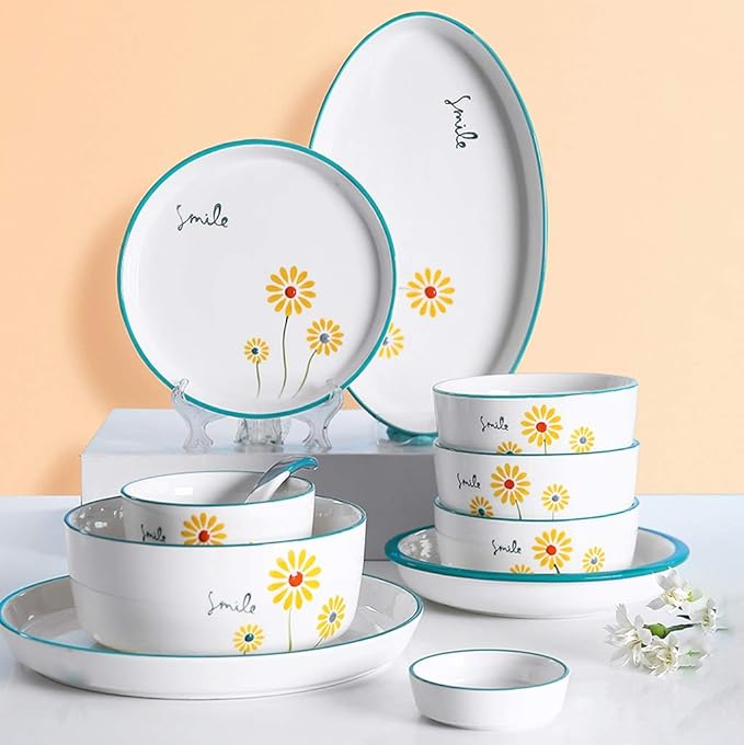 New Dinnerware SetsCeramics Dinnerware Set Creative Daisy Pattern Porcelain Dinner Set Of 52 / Simple Style Plates And Bowls Sets For Family Gathering And Restauran