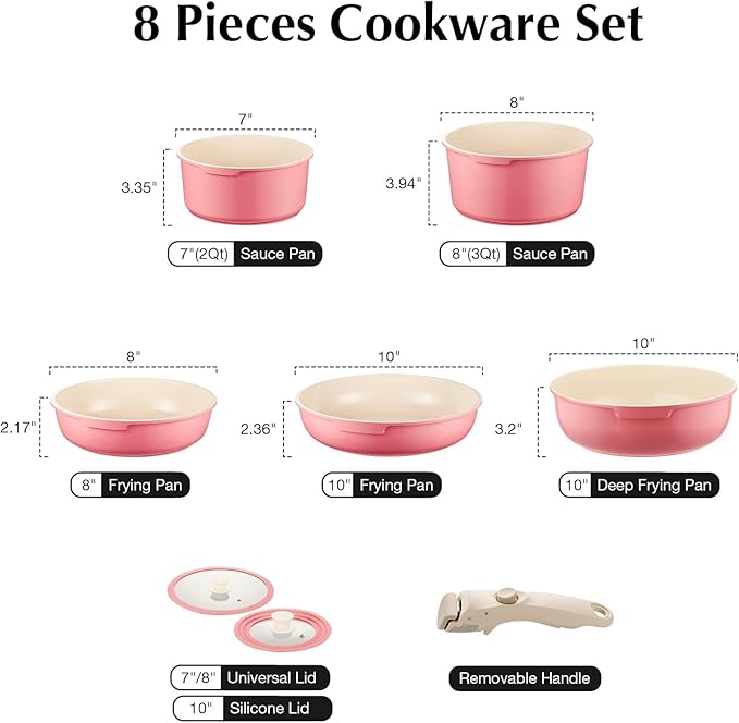 IKTU Ceramic Pots and Pans Set Non Stick Pink 8 Pcs Nonstick Cookware Set with Detachable Handle RV Camping Induction Kitchen Cookware Set Non Stick PFAS PFOA &amp PTFE Free
