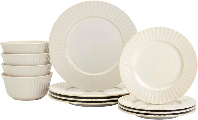 Tabletops Gallery Richmond 12-Piece Reactive Glaze Stoneware Dinnerware Set of Kitchen Dishes Dinner Plates Cereal Bowls Service for 4 White