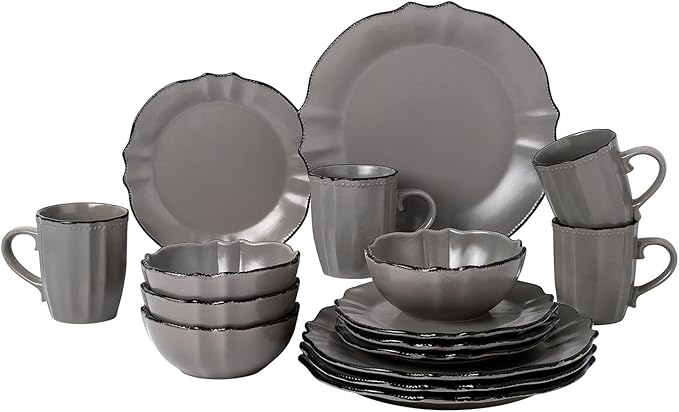 Stylish and Elegant 16 Piece Scalloped Edge Dinnerware set Service for Hosting Parties and Events - Set of 4 Scalloped Edge (SLATE GREY)