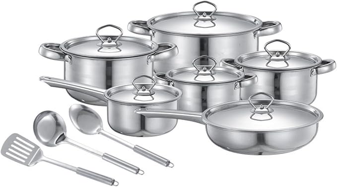 15 Piece Pots and Pan Set Practical Construction Heatproof Grips Multiple Size Cookware for Boiling Frying Stewing Professional Nonrust Steel Cookware Set