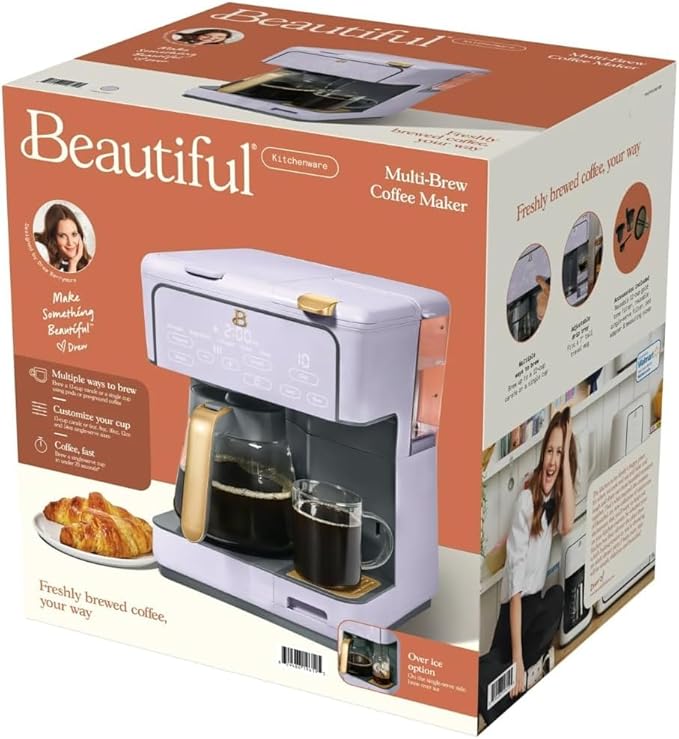 Beautiful Multi-Brew Commercial-Grade 12-Cup &amp Single-Serve Coffee Maker with Over Ice Option for Business and Personal Use by Drew Barrymore (Lavender)