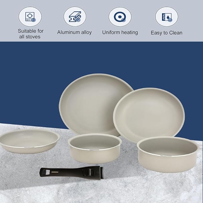 6PCS Pots and Pans Set with Detachable Handles Non Stick Kitchen Cookware Sets for All Stoves Aluminum Alloy Cooking Utensils Stackable Design Dishwasher Safe Beige
