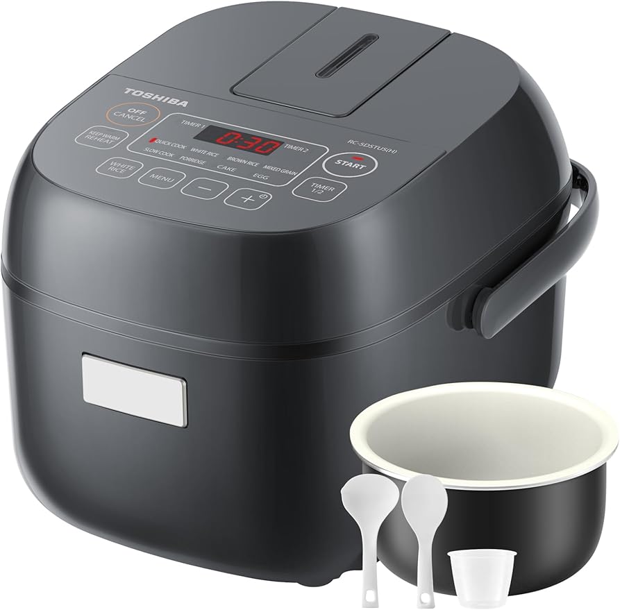 TOSHIBA Rice Cooker Small 3-Cup Uncooked– LCD Display with 8 Cooking Functions: Rice Oatmeal Mixed Grains and More NonStick Inner Pot Grey