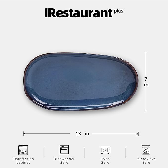 Organic Shape Highland Ceramic Serving Tray 12pcs 13×7inch Handmade Reactive Glaze Stoneware Tray with Wavy Edge for Kitchen Microwave &amp Dishwasher Safe Scratch Resistant-Blue