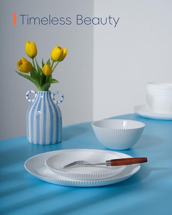 Dinnerware Sets for 4 12 Pieces Opal Glass Plates and Bowls Set Dishwasher and Microwave Safe Ribbed Dish Dinning Ware Chip and Scratch Resistant Dishware White