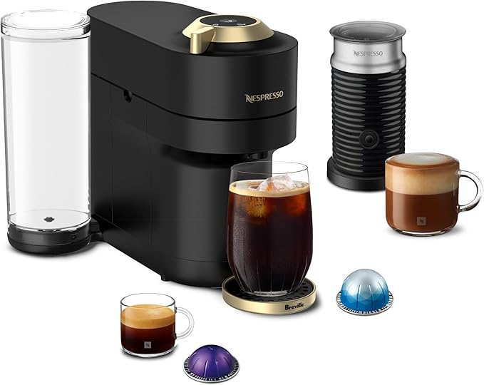 Nespresso Vertuo Pop+ Deluxe Coffee and Espresso Maker by Breville with Milk Frother Matte Black Gold