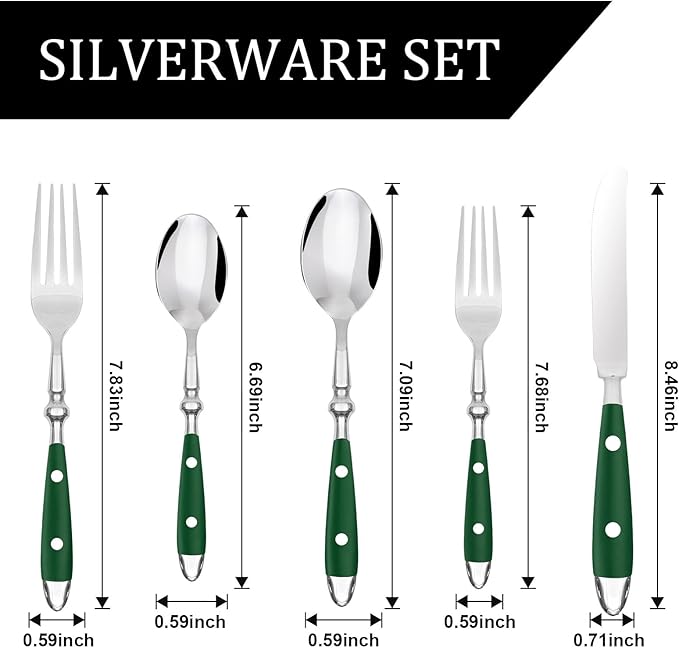 Silverware Set For 8 with Two Rivets Vintage 40-Piece Everyday Flatware Set with Green Bakelite Handle Stainless Steel Cutlery Set Dishwasher Safe Knives Spoons and Forks Set