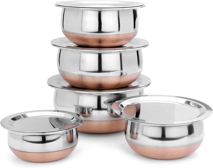Copper Bottom Stainless Steel Handi Cookware Set with Lid 5 Pieces (500ml 750ml 1000ml 1500ml 2000ml)