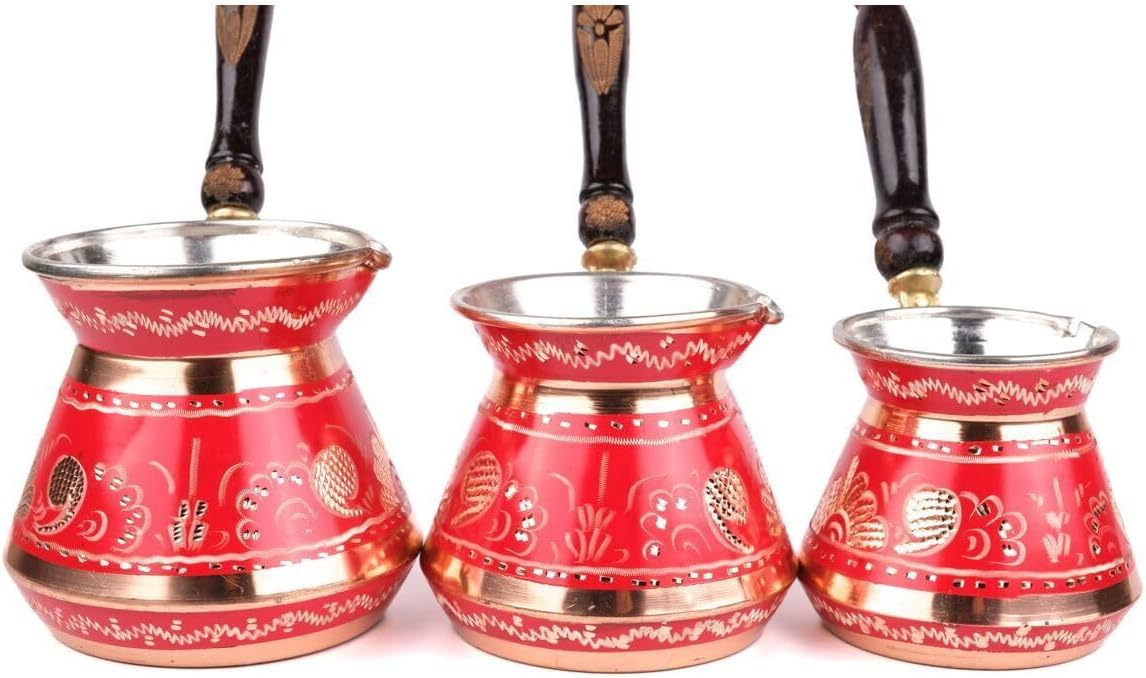 Copper Coffee Pot Set Erzincan Handmade 3-Piece Set 8-6-4 Person Capacity Traditional Turkish Coffee Maker Red Color - Red One Size