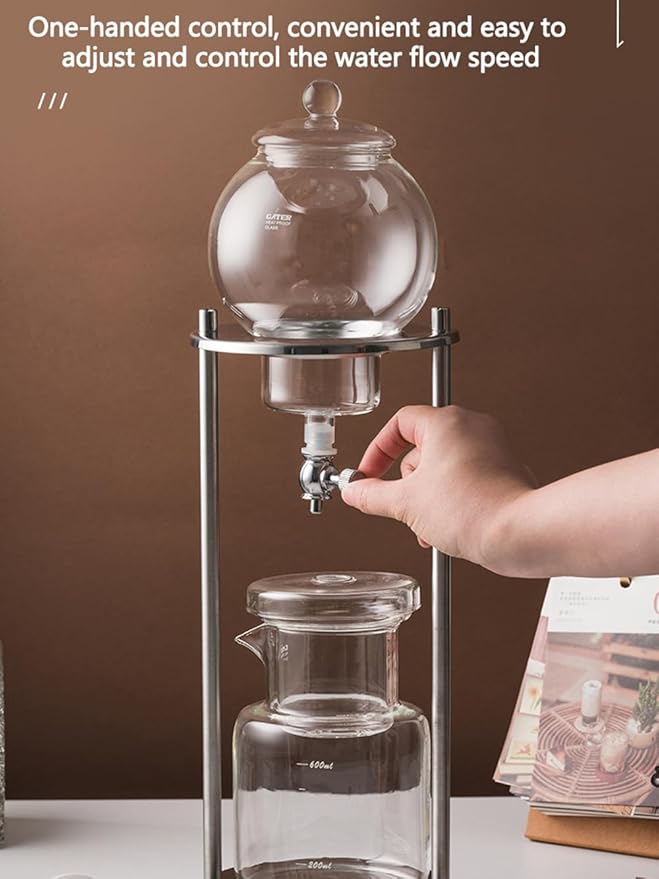 Cold Brew Coffee Maker 20OZ Iced Slow Drip Coffee Brewer Easy to Use and Clean Borosilicate Glass and Metal Base (Silver)