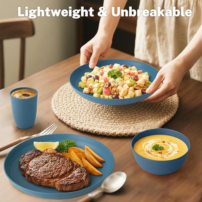 Dinnerware Sets for 8 Wheat Straw Bowls and Plates Set Microwave and Dishwasher Safe Dish Sets 32 PCS Unbreakable &amp Lightweight Camping Plates Cups and Bowls Set for Kitchen - Blue