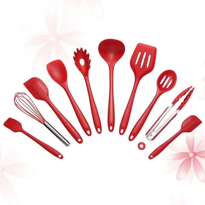 10pcs Non-stick Silicone Cookware Set Kitchenware Suit Egg Scraper Spoon Spatula Brush Red