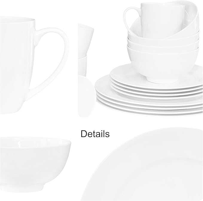 Bone China 16 Piece Dinnerware Set Service for 4 White Microwave Safe Dishwasher SafeChip Resistant Translucent Elegant giftware Dish set For Essential Home Everyday Living Kitchen Set