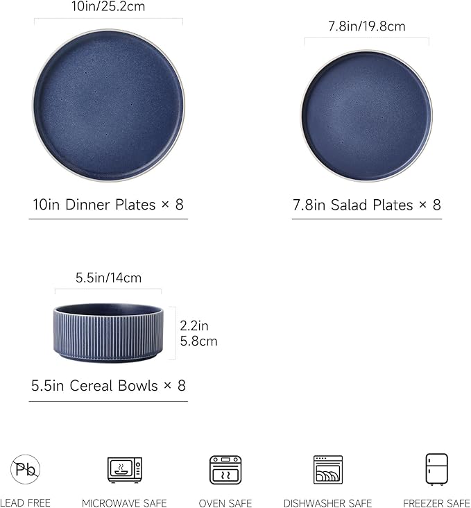 Dinnerware Set Service for 8 24-Piece Ceramic Plates and Bowls Set Chip &amp Scratch Resistant Microwave and Dishwasher Safe Modern Minimalist Tableware for Everyday Use Matte Blue