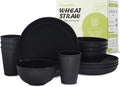 Wheat Straw Dinnerware Sets Kitchen Unbreakable Wheat Straw Plates and Bowls Sets for College Dorm Apartment Reusable Black 12pcs
