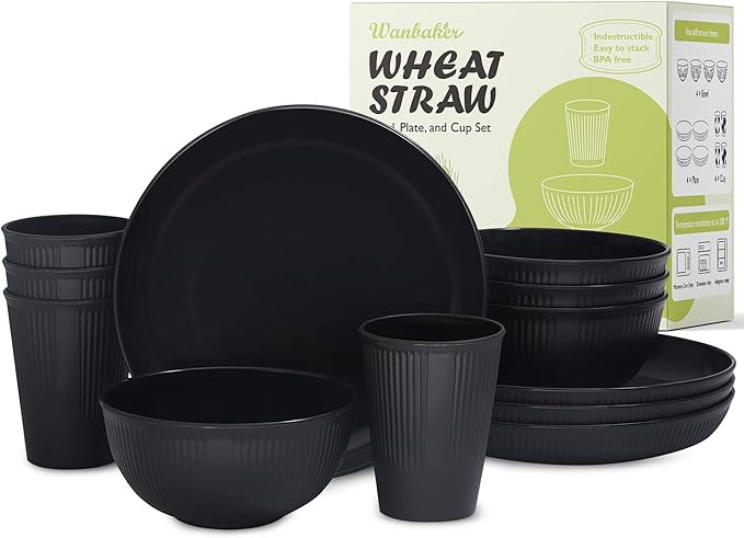 Wheat Straw Dinnerware Sets Kitchen Unbreakable Wheat Straw Plates and Bowls Sets for College Dorm Apartment Reusable Black 12pcs