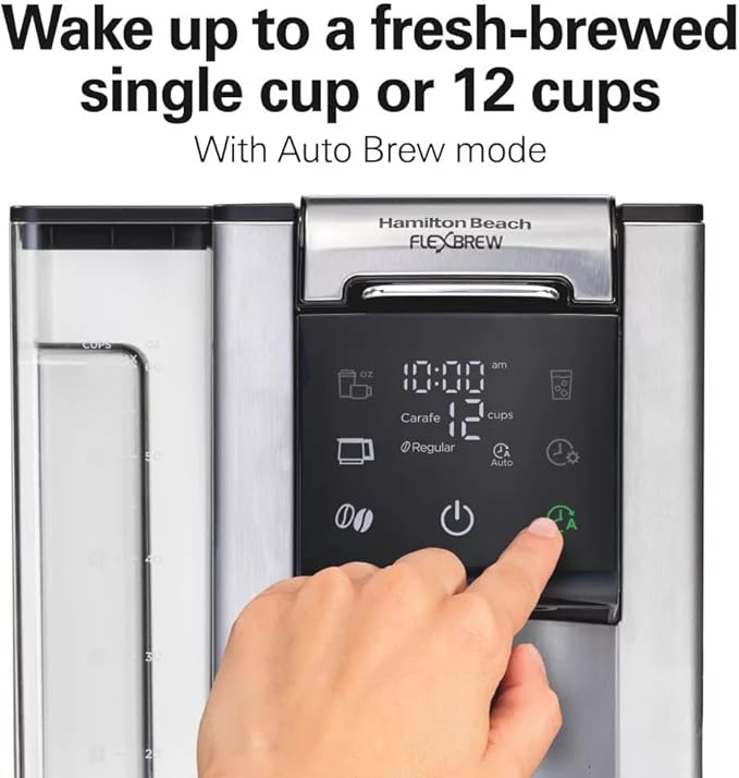 Hamilton-Beach 12c FlexBrew 5-in-1 Drip Coffee Maker Single Serve and Carafe Brewer Compatible with Ground Coffee and KCups Programmable Auto Shut-Off Adjustable Strength 1200W (Renewed)
