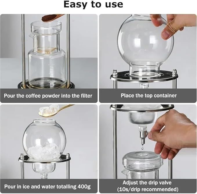 Cold Brew Drip Tower Ice Drip Coffee Maker 600ml/20.29oz Capacity Cold Brew Drip Tower Coffee Maker with Stainless Steel Frame DIY Ice Coffee Brew Tower for Coffee and Tea(Silver)
