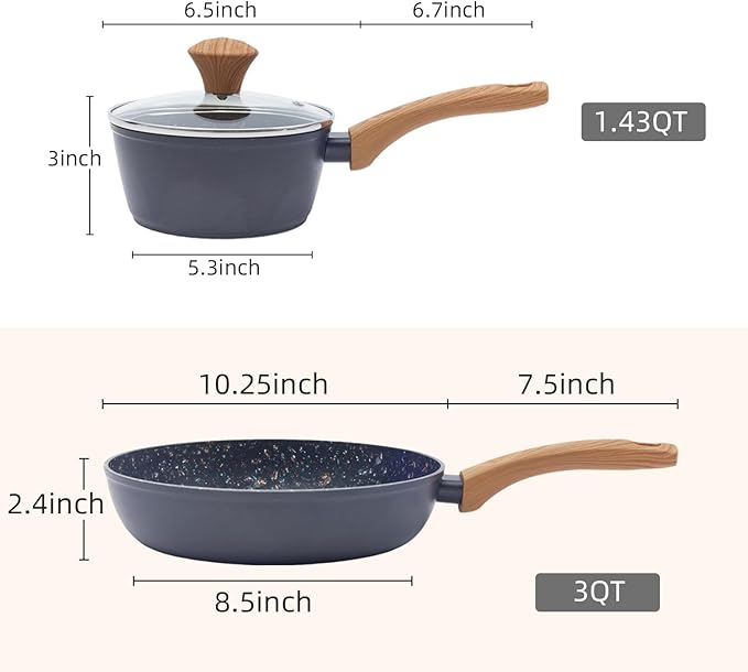 2-Piece Nonstick Cookware Set 10.25 Inch Frying Pan &amp 1.43QT Saucepan with Lid | PFAS &amp PFOA Free Non-Toxic Coating | Induction Compatible Dishwasher Safe | Pots and Pans Set for Beginner Ki