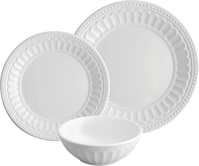 UPware 12 Piece Chateau Melamine Dinnerware Sets Outdoor Dishes Set Plates and Bowls Sets Service for 4 White