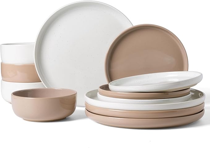Famiware Milkyway Plates and Bowls Sets 12 Pieces Stoneware Dinnerware Sets Dishes Set for 4 White &amp Cinnamon Brown