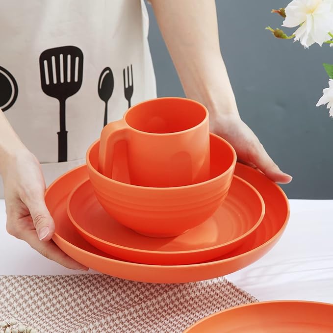 Kyraton Plastic Dinnerware Set of 16 Pieces Unbreakable And Reusable Light Weight Plates Mugs Bowls Dishes Easy to Carry And Clean Microwave Safe BPA Free Dishwasher Safe Service For 4 (Orange)