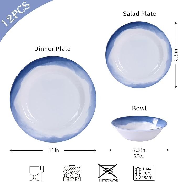 Melamine Dinnerware Sets- 12pcs Melamine Plates and Bowls Set for 4 Suitable for Indoor and Outdoor Use Blue