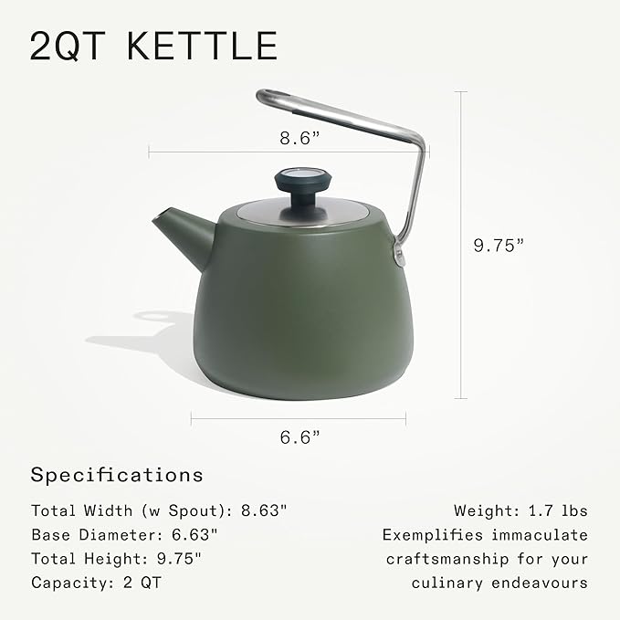 Made In Cookware - 2 QT Kettle - Willow Green - Stainless Steel - With Built-In Temperature Gauge - Includes Handle Sleeve - Induction Compatible