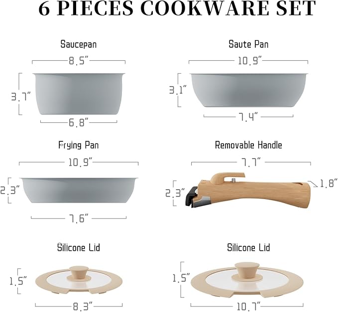 ShanSon 6 Pieces Kitchen Non-Stick Cookware Sets with Removable Handle Stackable Pots and Pans Set Nonstick for Induction Gas RVs Camping Space SavingGray