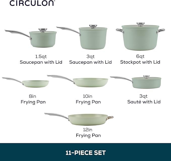Circulon Halo with LaserDefense Ceramic Nonstick Pots and Pans with Lids Made without PFAS Compatible with All Stovetops Dishwasher and Oven Safe 11 Piece Cookware Set - Sage
