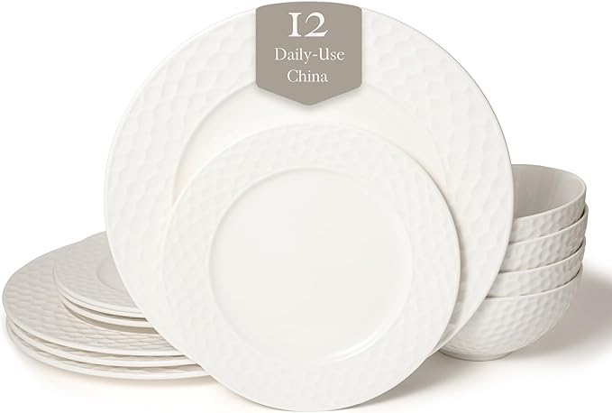 New Bone China 12 Piece Dinnerware Set Santorini Collection (Honeycomb) White Daily Use China Embossed Tableware Service for 4