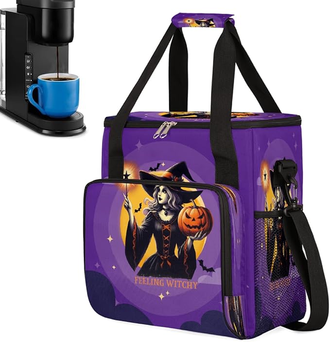 Halloween Witch Pumpkin Coffee Maker Carring Bag Travel Carrying Storage Tote Bag Compatible with Keurig K-Mini or K-Mini Plus Portable Single Serve Coffee Brewer Case with Pockets for K-cup Pods