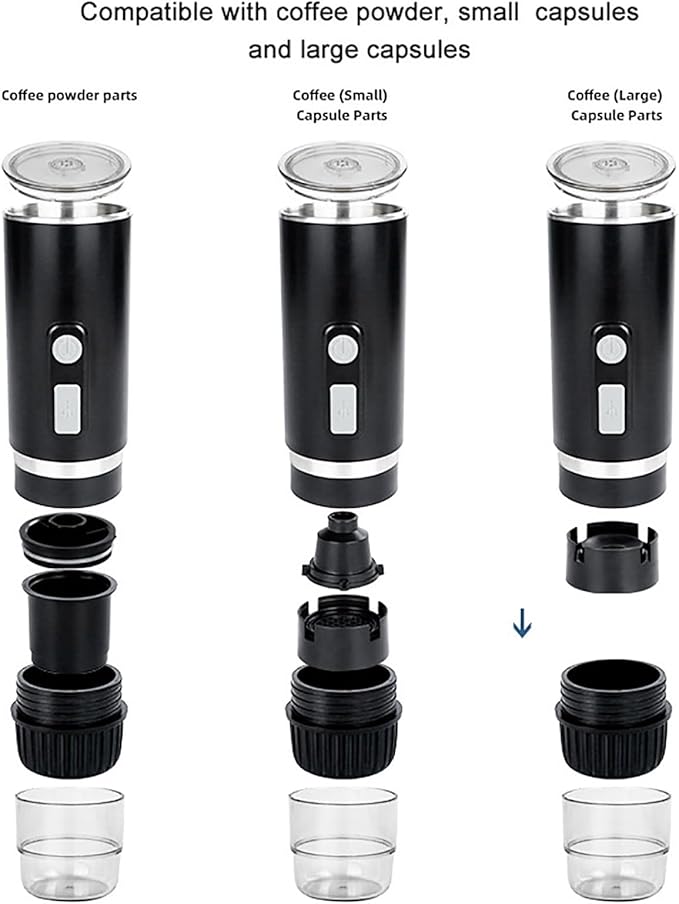 Portable Espresso Machine Travel Coffee Maker Set with 12/24V Car Heating Function Compatible with Small/Large Capsules and Ground Coffee for Camping Car RV Hiking Office Home