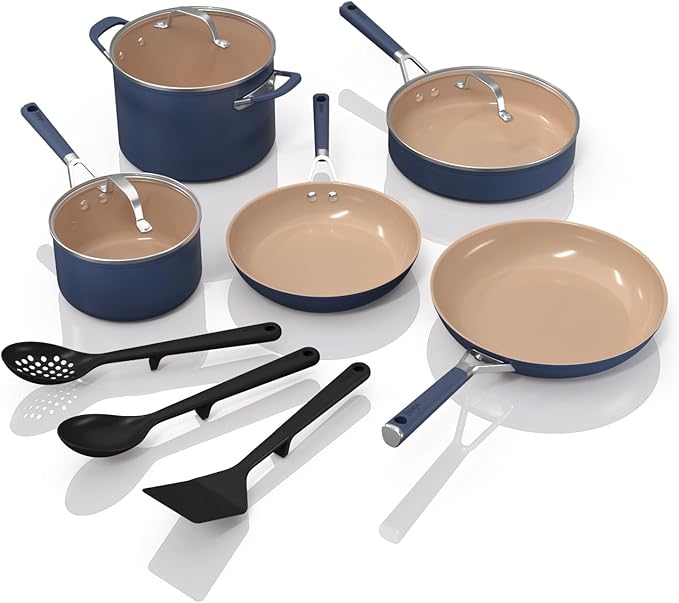Ninja Ceramic Cookware Set Extended Life 11-Piece Kitchen Cookware Sets with Comfort Grip Nonstick Fry Pans Pots PTFE Free Oven &amp Dishwasher Safe Stovetop Compatible Navy Blue CW49011