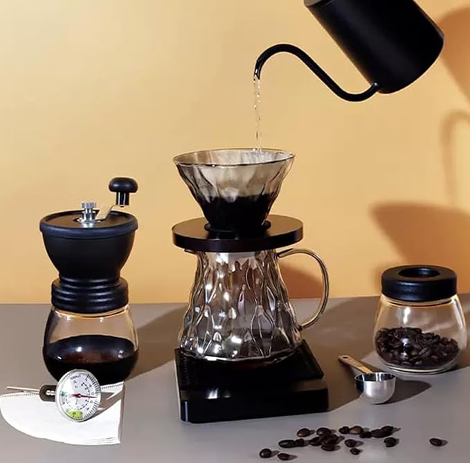 Pour Over Coffee Maker Set 500ML Glass Carafe Coffee Server with Dripper Set V60 Glass Coffee Filter with Wood Base for Home Office Gift 1-4 Cups