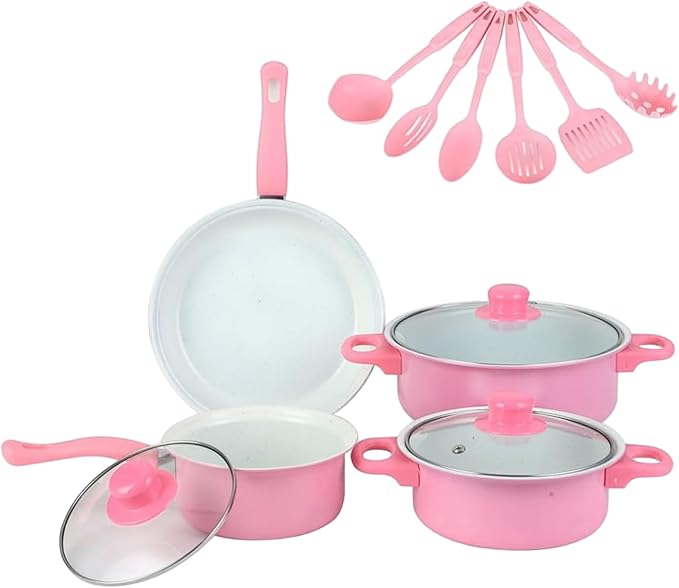 Cast Iron Pots and Pans Set 13Pcs Non Stick Cute Cookware Set Includes Lids Induction Cookware with Comfort Handle PFOA Free| Pan