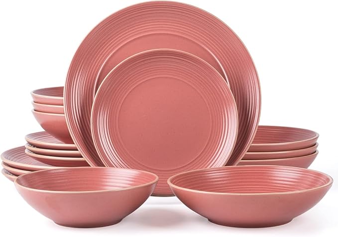 RINGAR Round Stoneware 16pc Double Bowl Dinnerware Set for 4 Dinner Plates Side Plates Cereal Bowls Pasta Bowls - Speckle Matte Red (395438) Visit the Arora Store